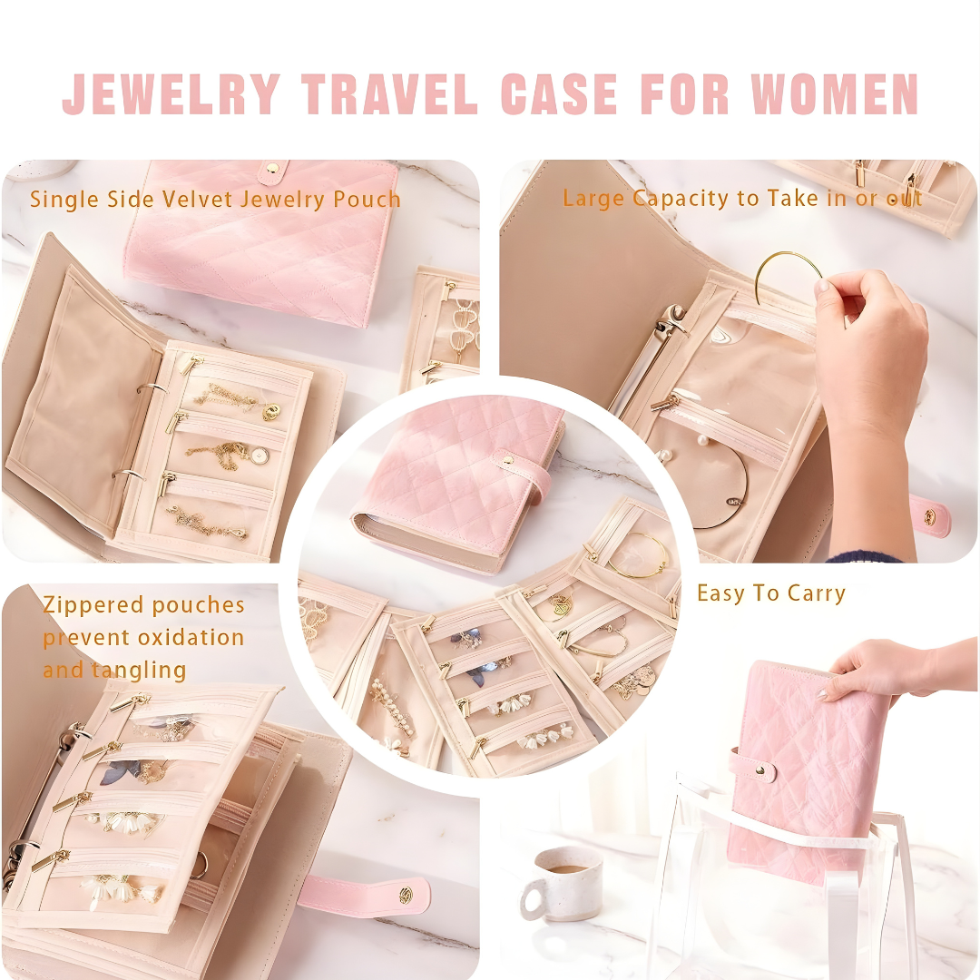 Premium Travel Jewelry Organizer Bag for Women | Foldable Portable Jewelry Storage Case | Anti-Tangle Chain & Earring Holder (Color➟Pink)