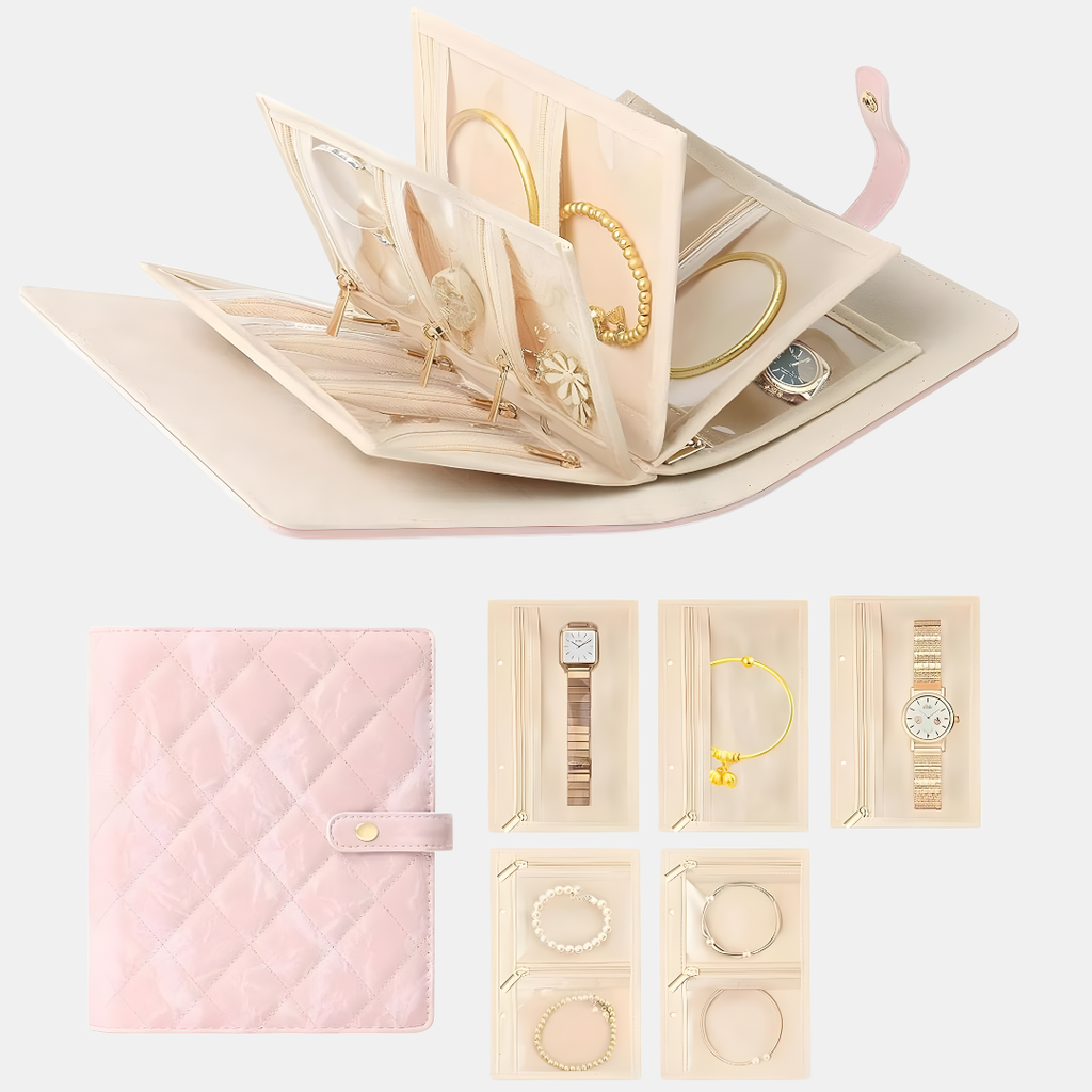 Premium Travel Jewelry Organizer Bag for Women | Foldable Portable Jewelry Storage Case | Anti-Tangle Chain & Earring Holder (Color➟Pink)